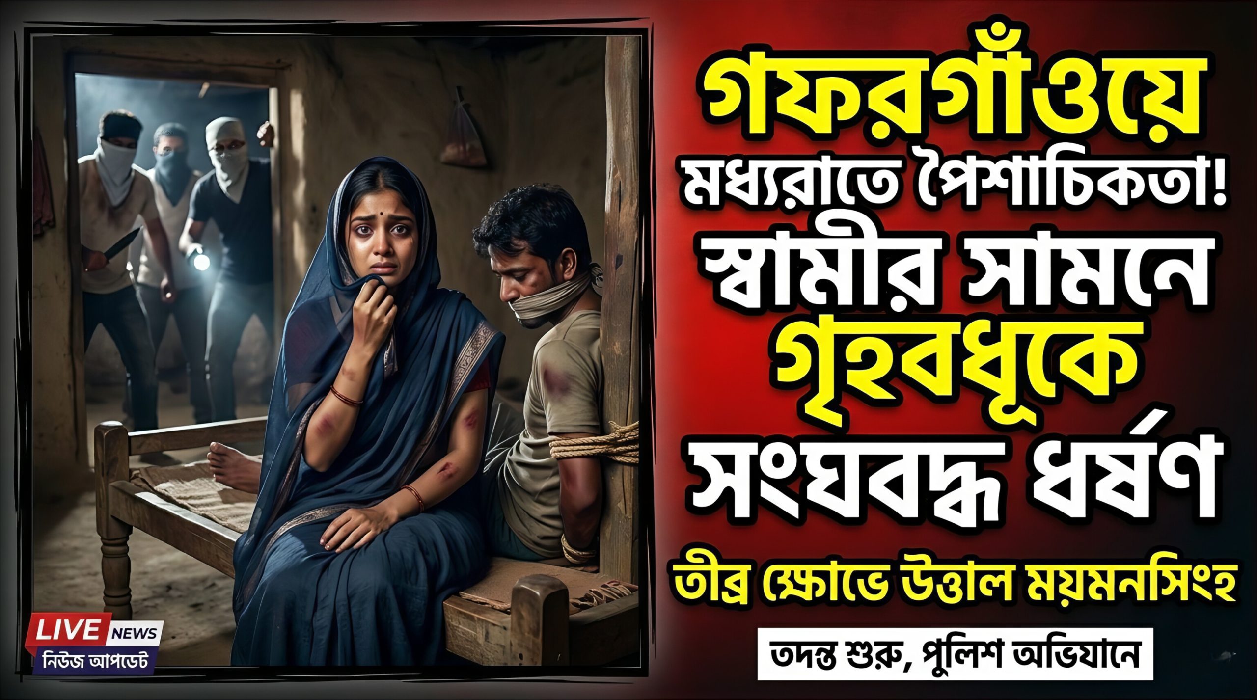 গফরগাঁওয়ে মধ্যরাতে পৈশাচিকতা: স্বামীর হাত-পা বেঁধে গৃহবধূকে তুলে নিয়ে সংঘবদ্ধ ধর্ষণ!
